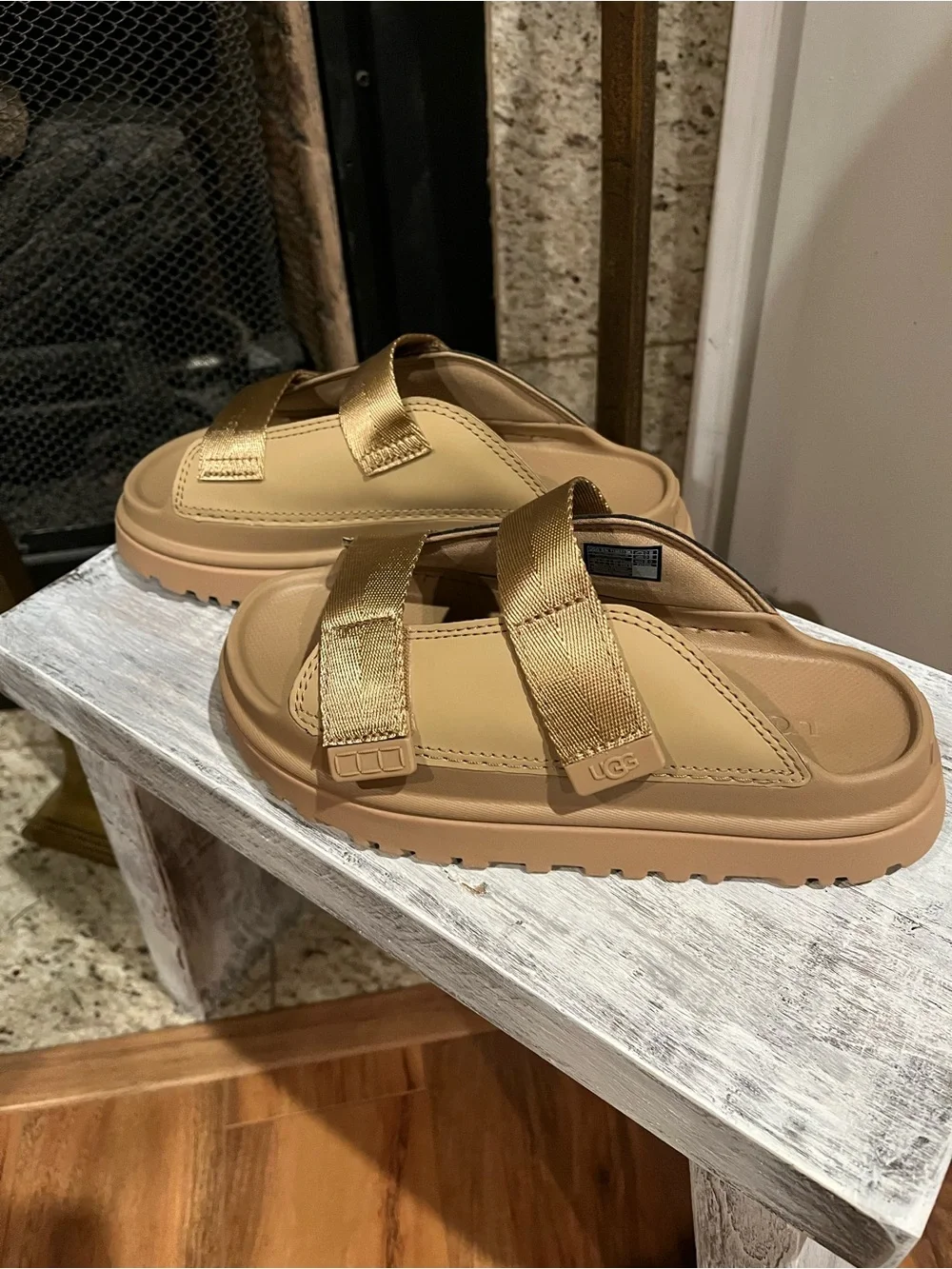 UGG Slide Sandals in Beige/Gold with adjustable straps